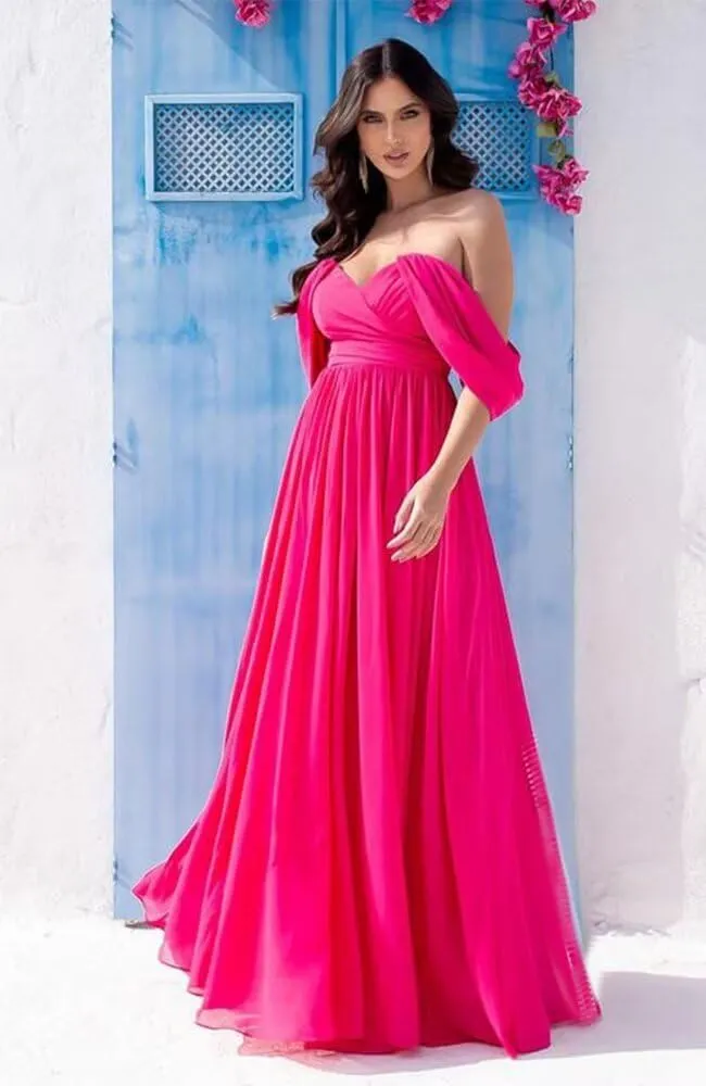 Off The Shoulder Chiffon Bridesmaid Dresses Long Ruched Chiffon Formal Evening Dress Backless Empire Waist Gowns