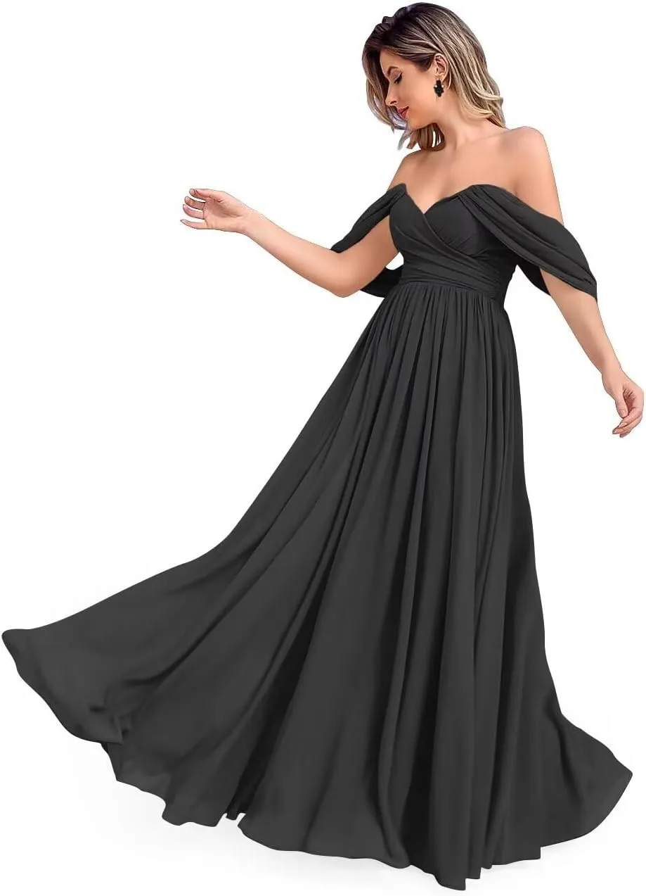 Off The Shoulder Chiffon Bridesmaid Dresses Long Ruched Chiffon Formal Evening Dress Backless Empire Waist Gowns