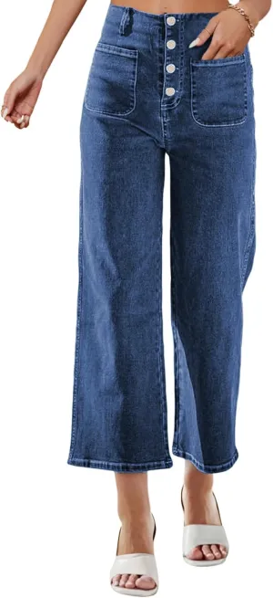 Omoone Wide Leg Jeans for Women High Waisted Stretchy Straight Leg Cropped Denim Pants Buttoned Baggy with Patch Pockets