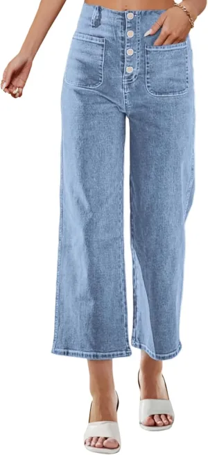 Omoone Wide Leg Jeans for Women High Waisted Stretchy Straight Leg Cropped Denim Pants Buttoned Baggy with Patch Pockets