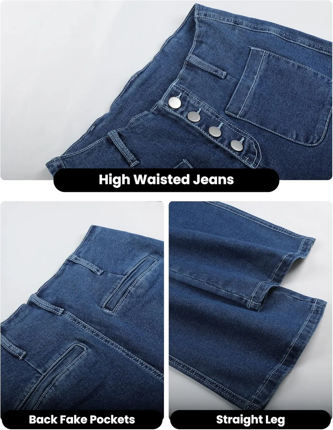 Omoone Wide Leg Jeans for Women High Waisted Stretchy Straight Leg Cropped Denim Pants Buttoned Baggy with Patch Pockets