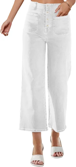 Omoone Wide Leg Jeans for Women High Waisted Stretchy Straight Leg Cropped Denim Pants Buttoned Baggy with Patch Pockets