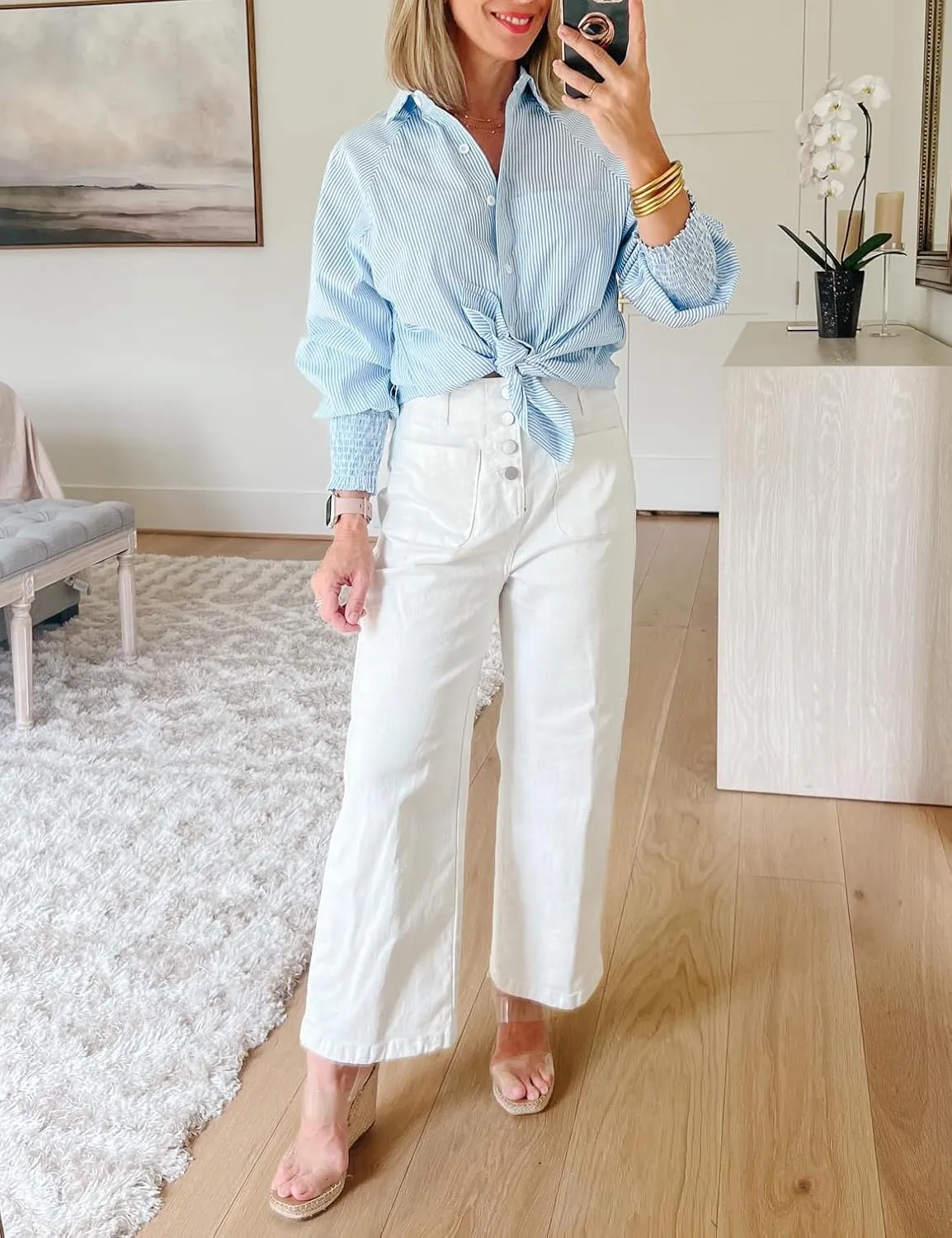 Omoone Wide Leg Jeans for Women High Waisted Stretchy Straight Leg Cropped Denim Pants Buttoned Baggy with Patch Pockets