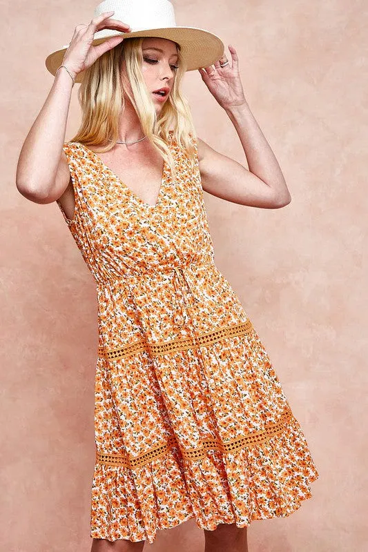 Orange Floral Sleeveless V-Neck Dress