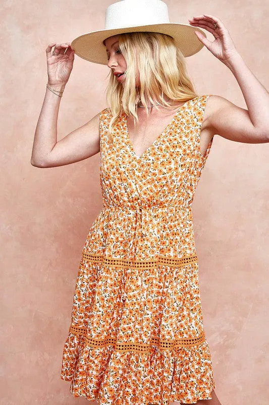 Orange Floral Sleeveless V-Neck Dress