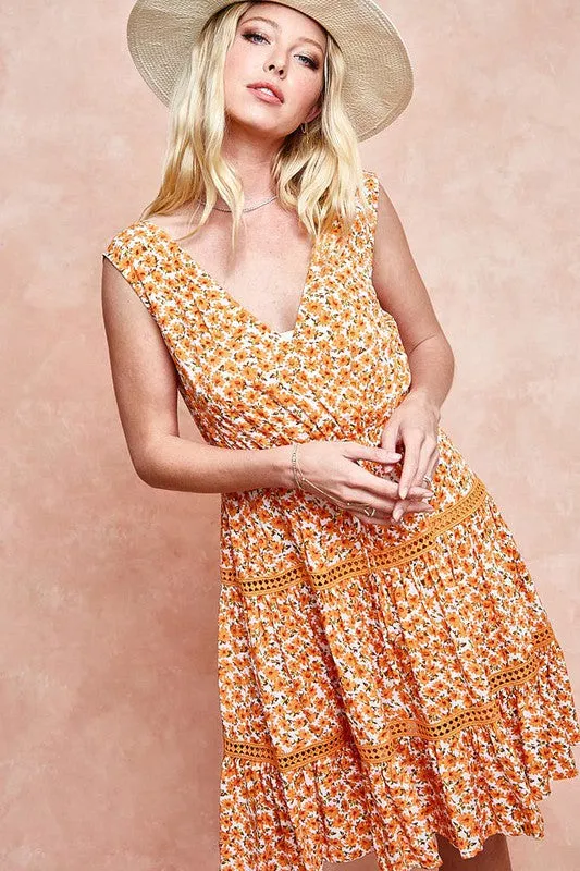 Orange Floral Sleeveless V-Neck Dress