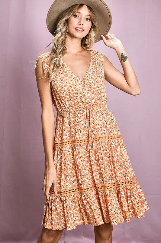 Orange Floral Sleeveless V-Neck Dress