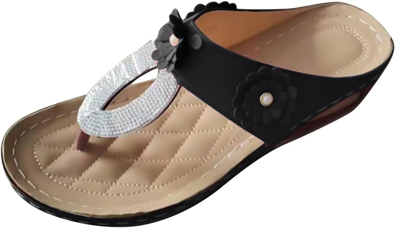 Orthopedic Sandals for Women Chic Flower Flip Flops Summer Dressy Casual Sandal Thong T-Strap Sandals Comfortable Walking Wedges Shoes with Arch Support