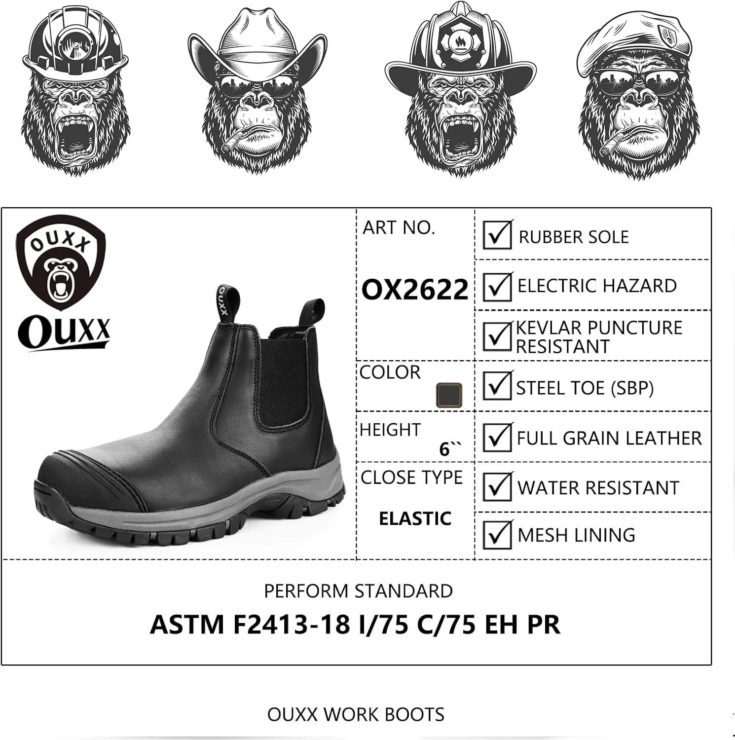 OUXX Work Boots for Men, Steel Toe Slip-on Safety Shoes, Slip-Resistant, Waterproof, Puncture-Proof(OX2622)