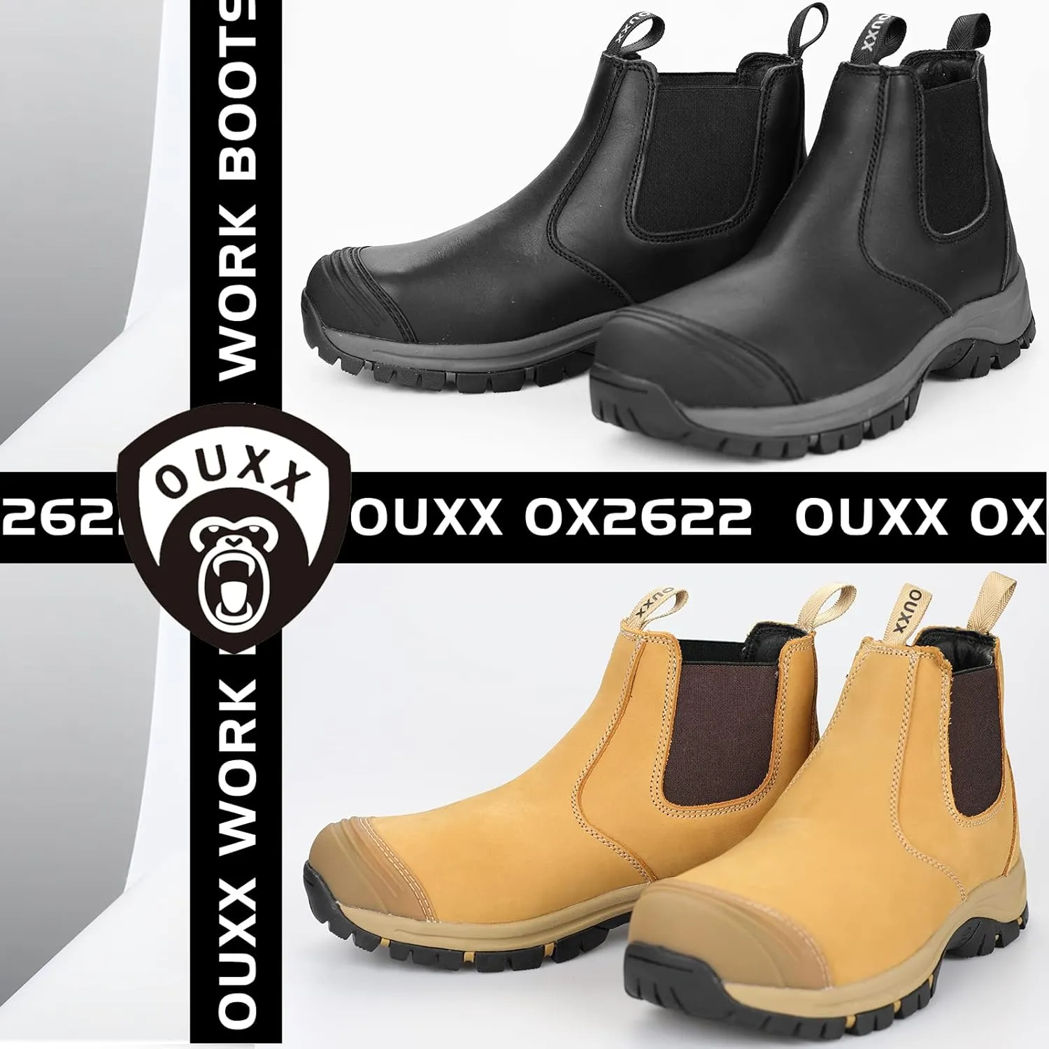 OUXX Work Boots for Men, Steel Toe Slip-on Safety Shoes, Slip-Resistant, Waterproof, Puncture-Proof(OX2622)