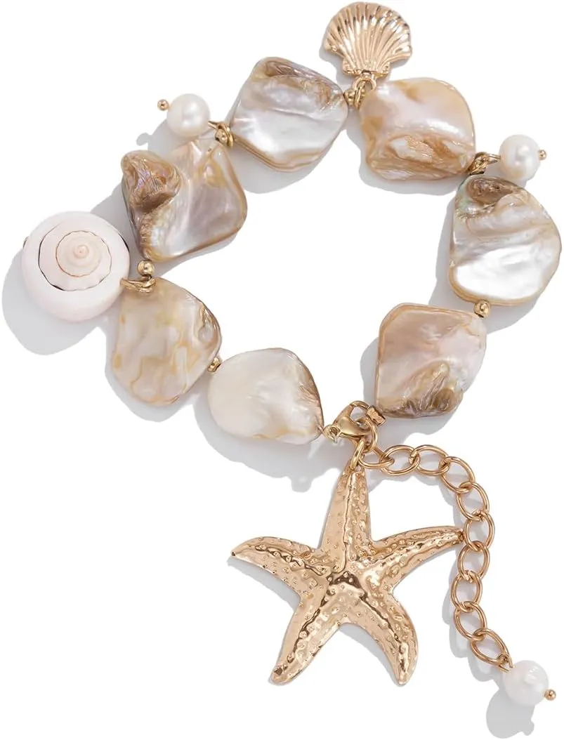 Oversized Shells and Starfish Bracelet, Pearl and Clam Bracelet Boho Bridal Jewelry, Summer Beach Shells and Starfish Jewelry, Natural Shell and Pearl bracelet
