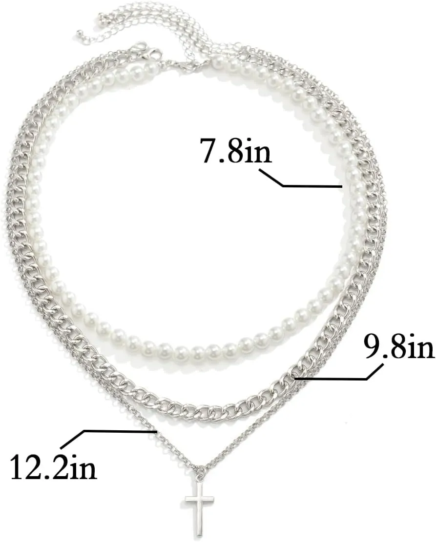 Pearl Necklace for Men Y2K Layered Cross Necklaces Mens Stainless Steel Chain Pearl Choker Compass Pendant 2/3PCS Necklaces Set for Men Women Jewelry for Father Boyfriend Husband