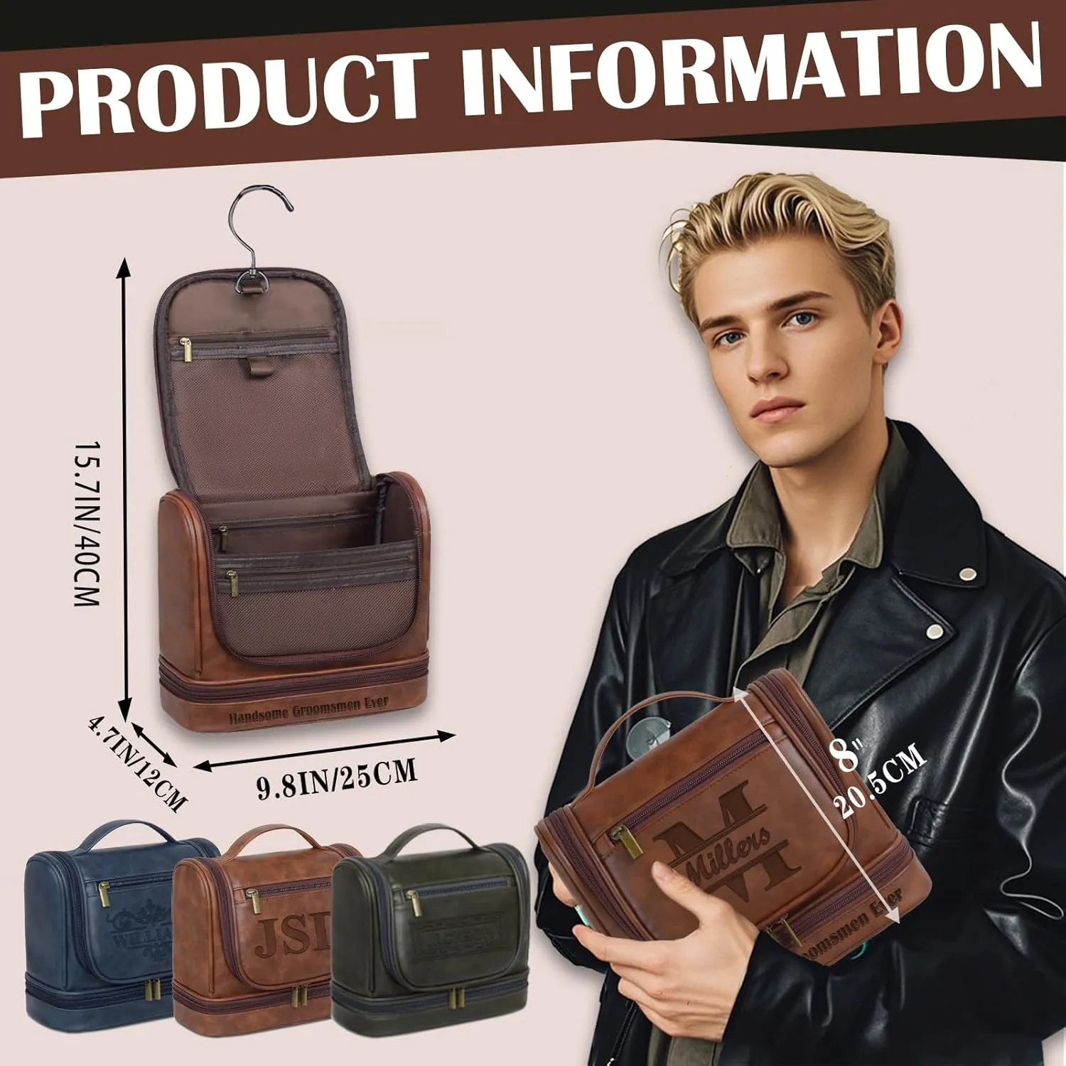 Personalized Hanging Travel Toiletry Bag, Large Shower Dopp Kit, PU Leather Waterproof Shaving Bag for Men and Women, for Accessories, Shampoo, Full-size Container, Toiletries, for Husband, Groomsmen