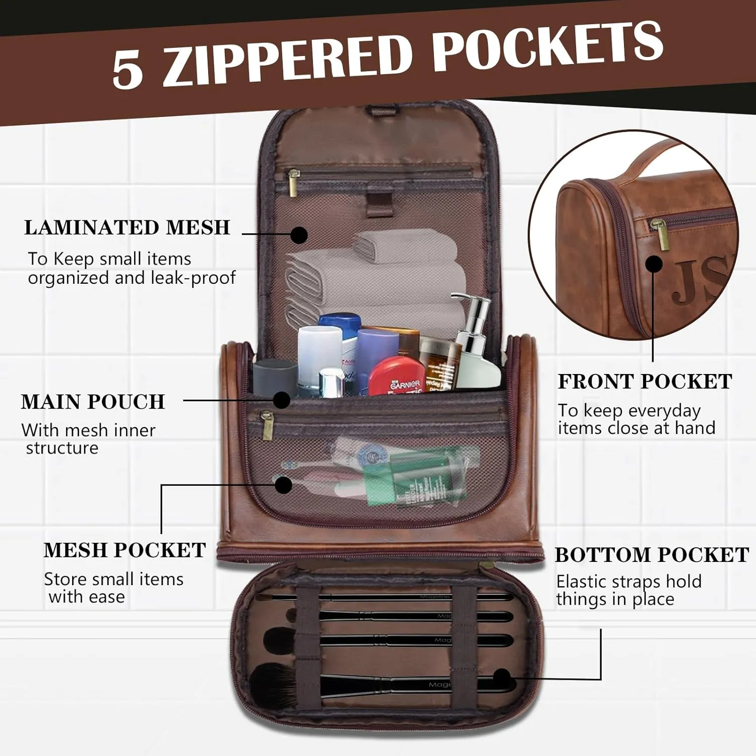 Personalized Hanging Travel Toiletry Bag, Large Shower Dopp Kit, PU Leather Waterproof Shaving Bag for Men and Women, for Accessories, Shampoo, Full-size Container, Toiletries, for Husband, Groomsmen