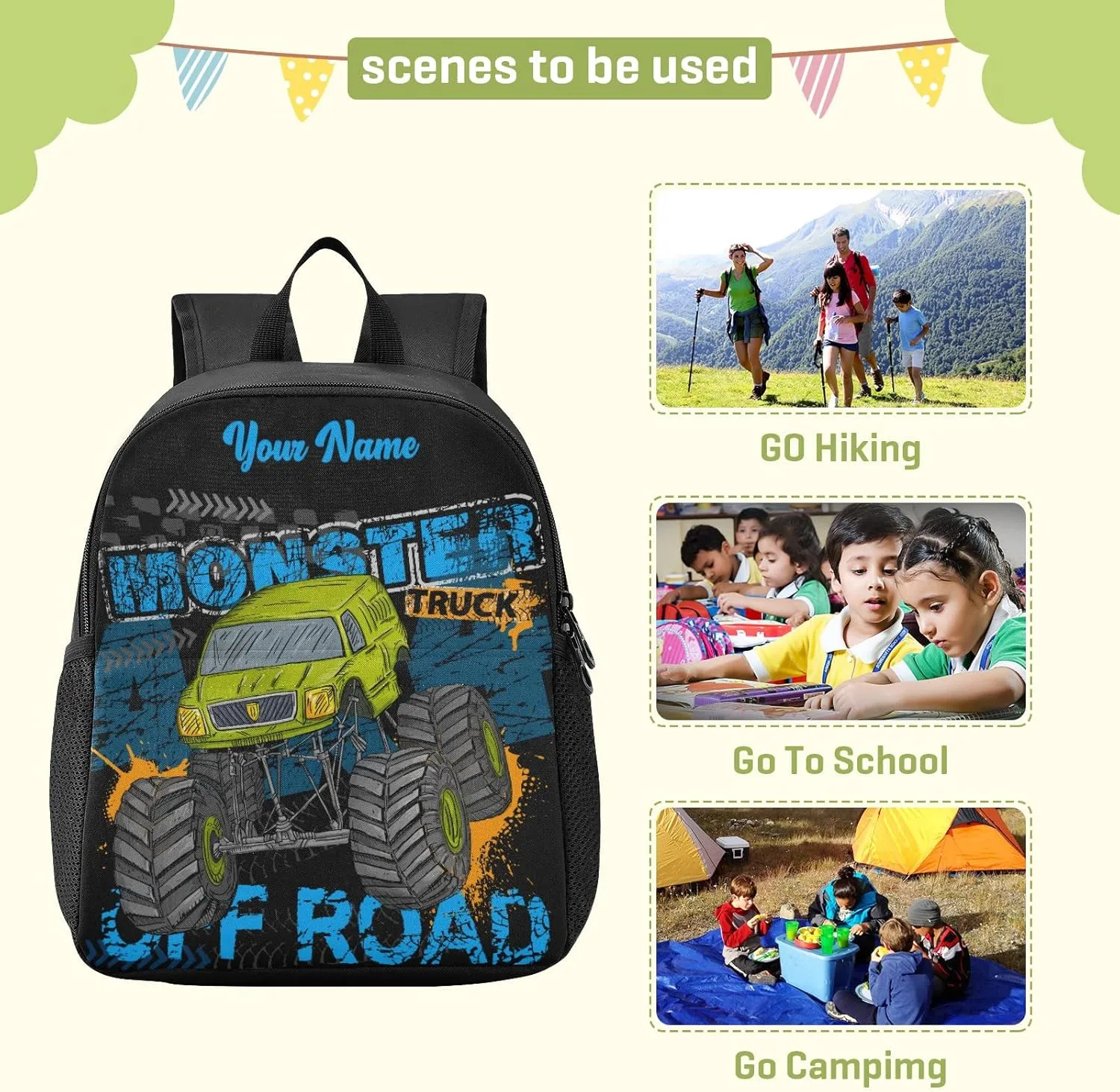 Personalized Monster Truck Kids Backpacks for Boys Preschool Backpack Light School Travel Backpacks with Name