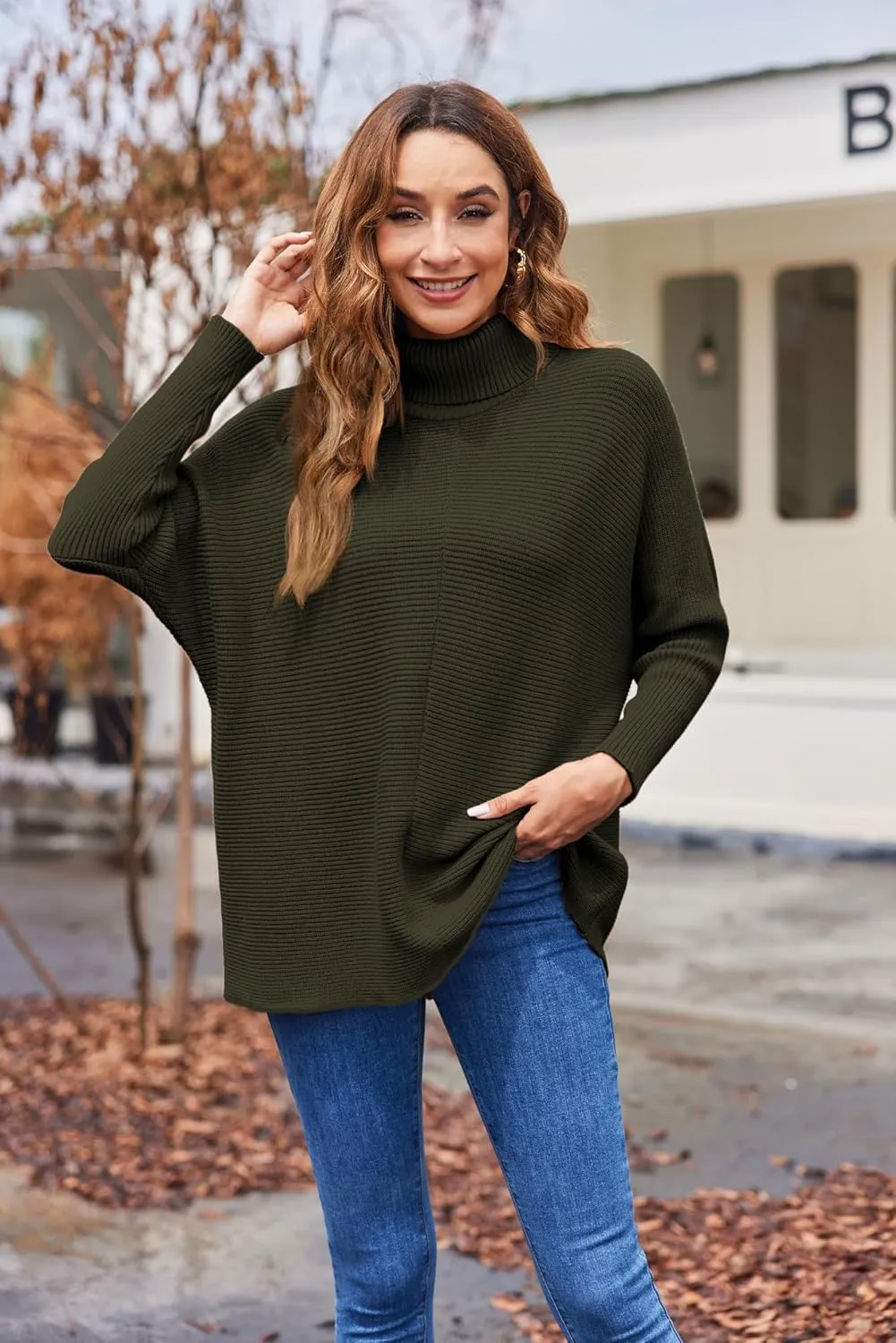 Poetsky Womens Long Sleeve Turtleneck Sweaters Oversized Knit Loose Asymmetrical Hem Pullover Tunic Tops