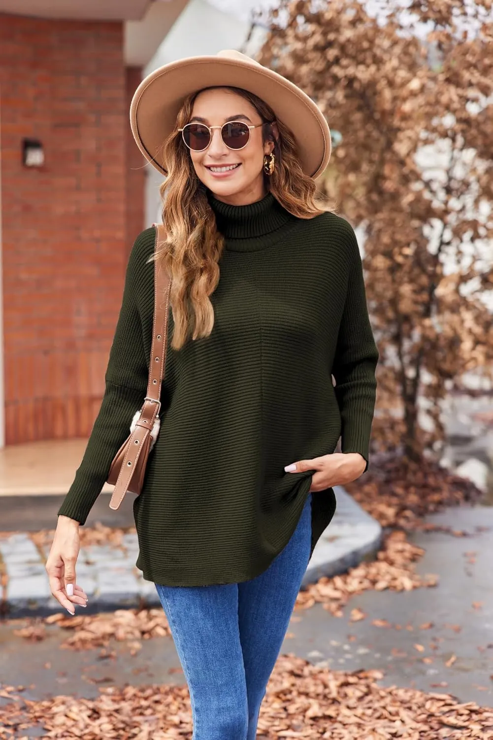Poetsky Womens Long Sleeve Turtleneck Sweaters Oversized Knit Loose Asymmetrical Hem Pullover Tunic Tops