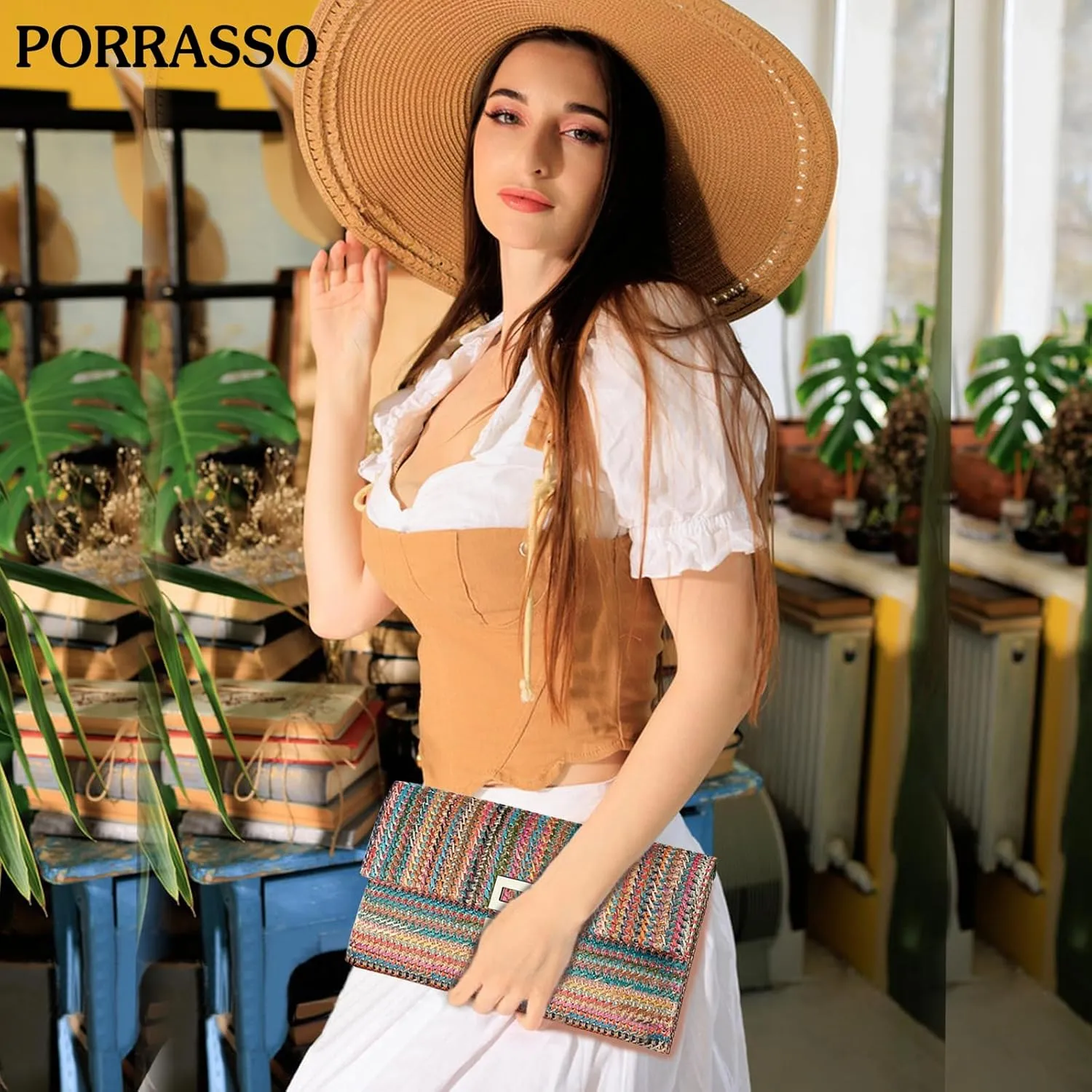 PORRASSO Straw Clutch Purse Women Beach Bag Woven Envelope Bag Straw Evening Clutch