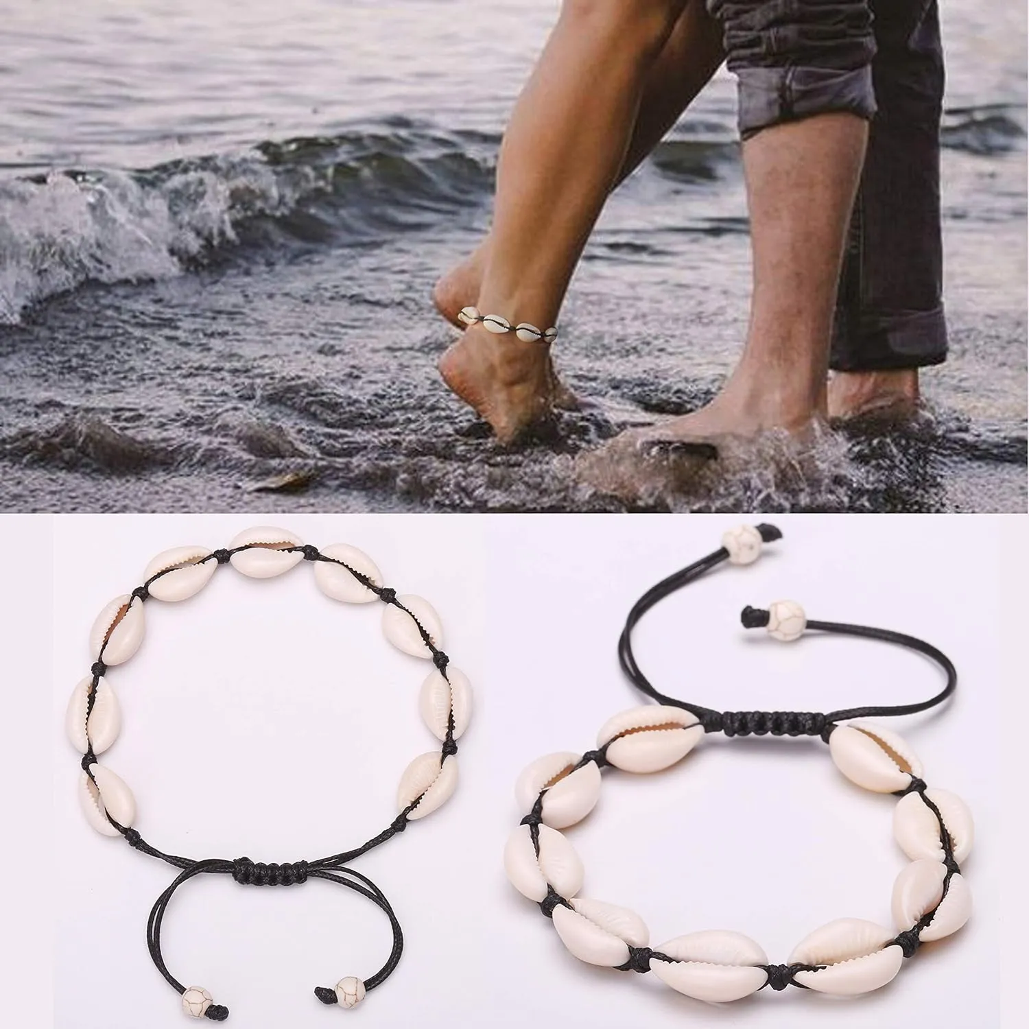 POTESSA Ankle Bracelets for Women Adjustable Boho Pearl Beads Natural Shell Anklet Handmade Beach Foot Jewelry
