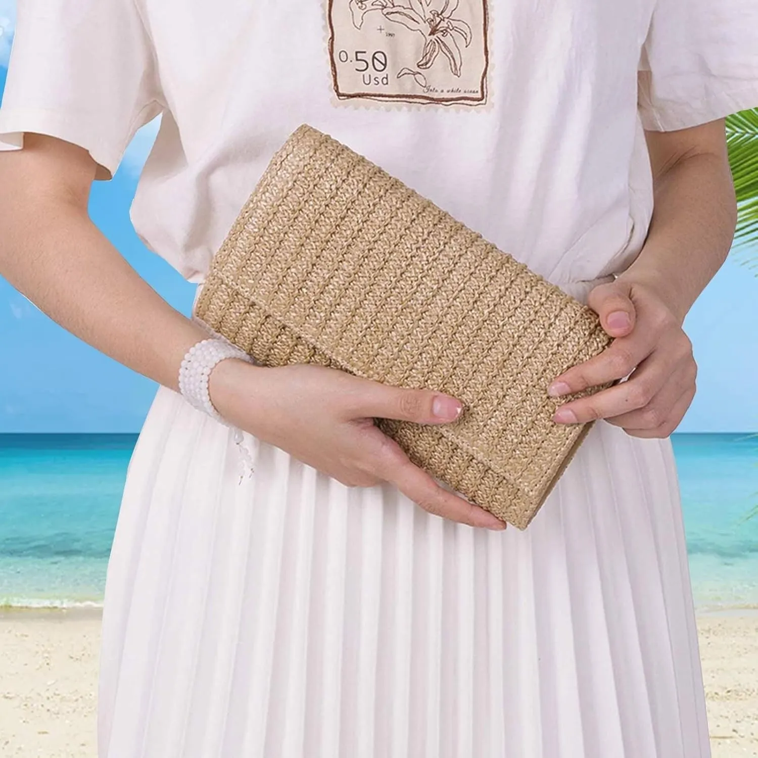 Raffia Evening Purse Envelope Clutch Handbag Shoulder Crossbody Bag Beach Trendy for Travel Straw Clutch Purse