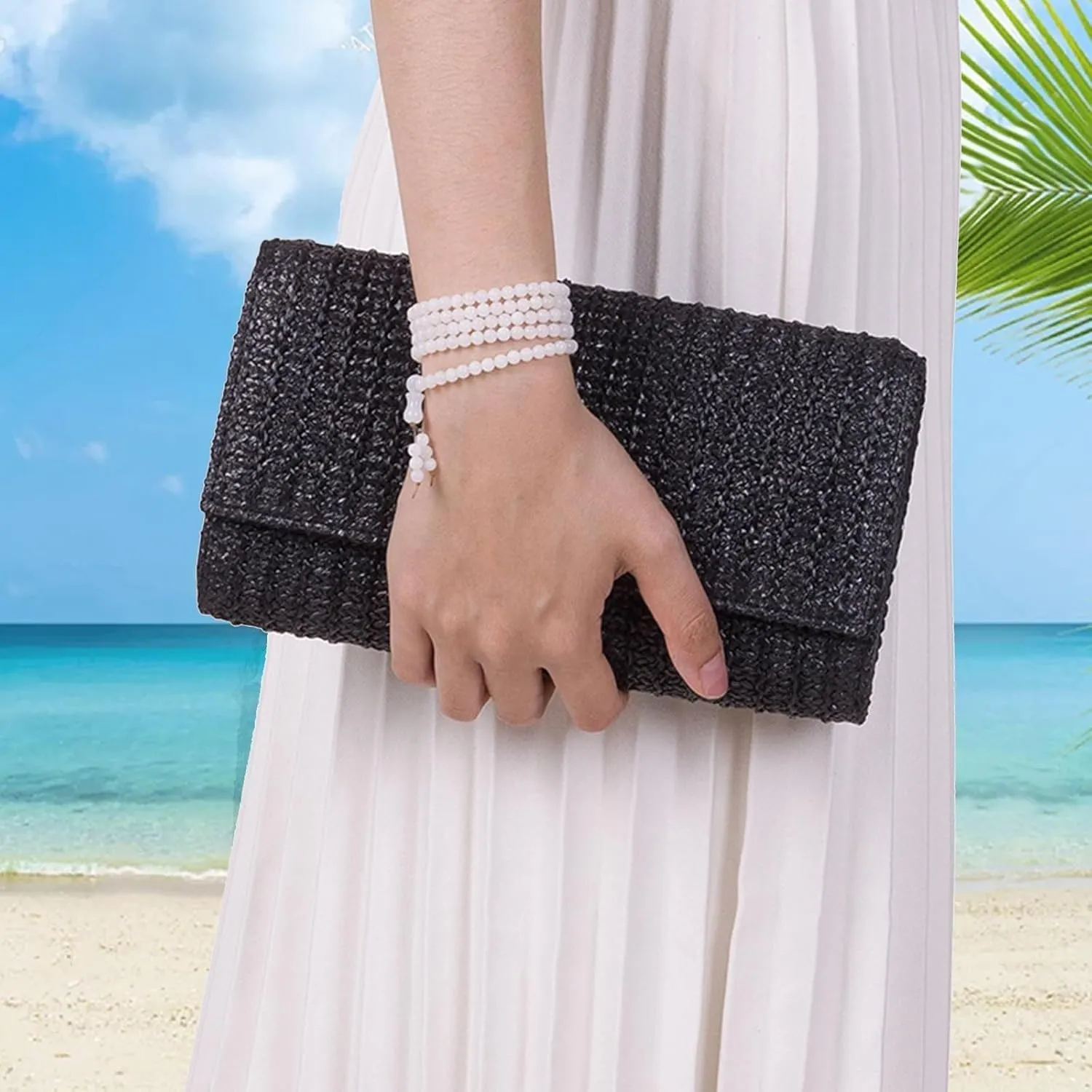 Raffia Evening Purse Envelope Clutch Handbag Shoulder Crossbody Bag Beach Trendy for Travel Straw Clutch Purse
