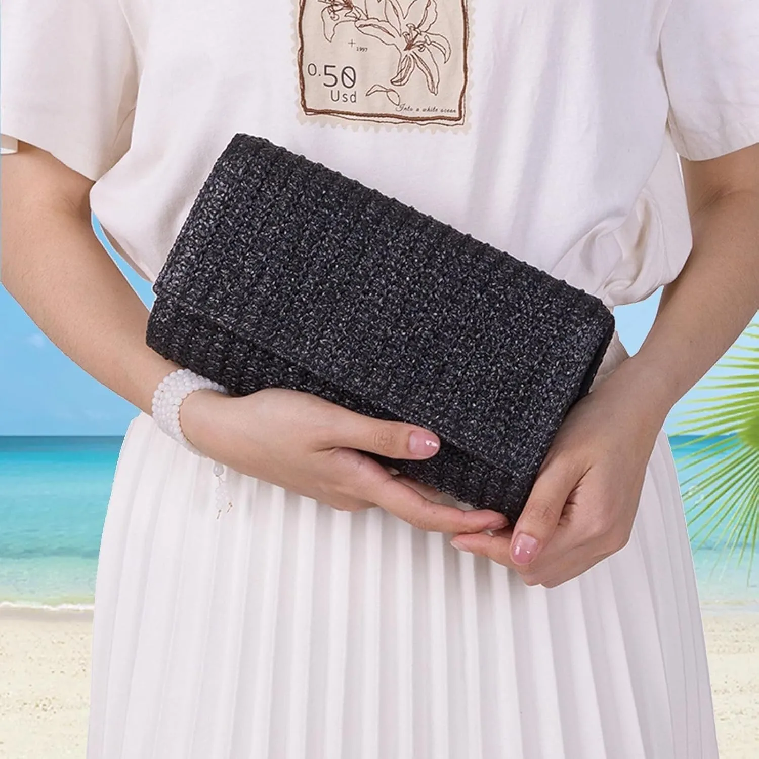 Raffia Evening Purse Envelope Clutch Handbag Shoulder Crossbody Bag Beach Trendy for Travel Straw Clutch Purse