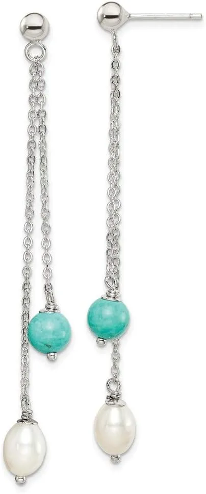 Real 925 Sterling Silver Turquoise and Freshwater Cultured Pearl Studs Post Dangle Earrings