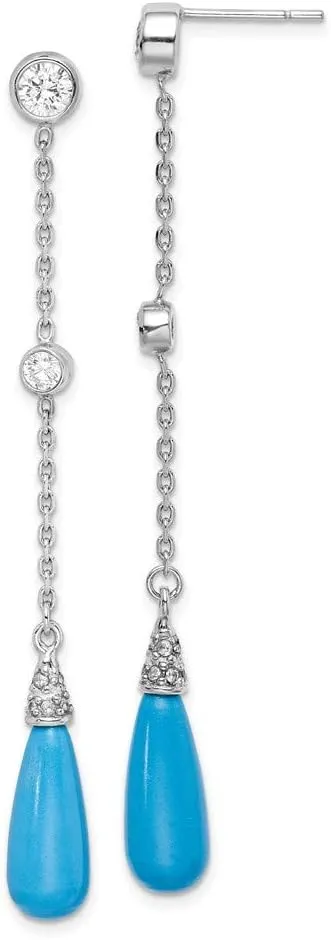 Real 925 Sterling Silver Turquoise Stone and CZ Cubic Zirconia Studs Post Dangle Earrings - 63mm x 6mm