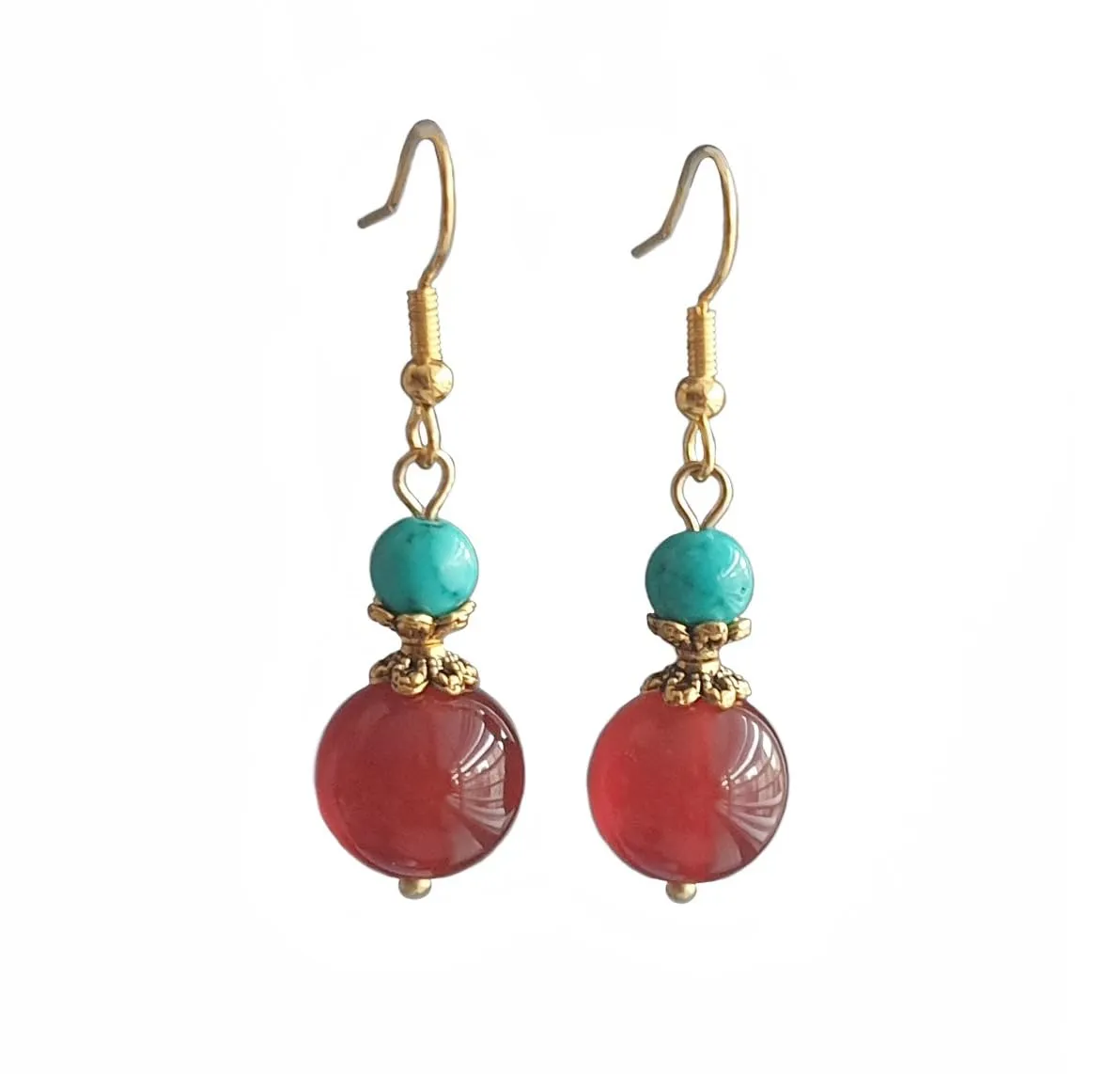 Red Carnelian Earrings and Turquoise Women Jewelry Handmade Drop Dangle Gold Plated Hooks in Gift Box