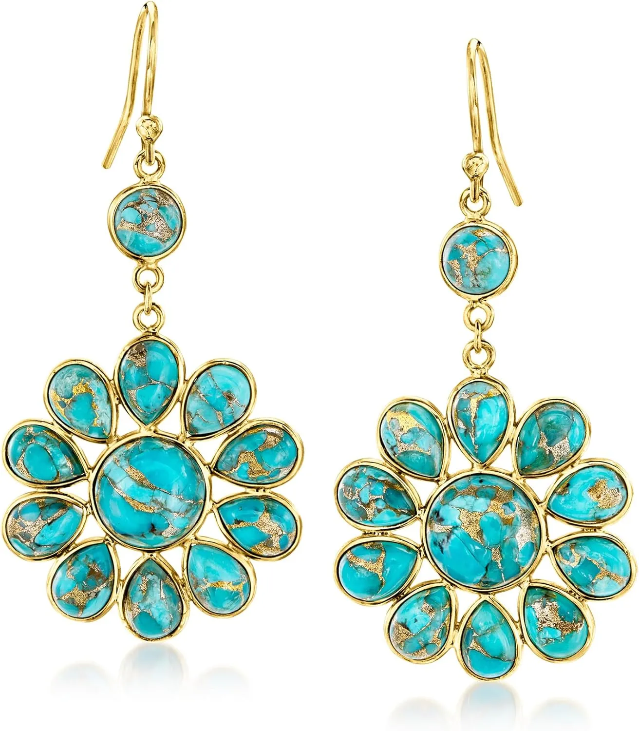 Ross-Simons Turquoise Flower Drop Earrings in 18kt Gold Over Sterling