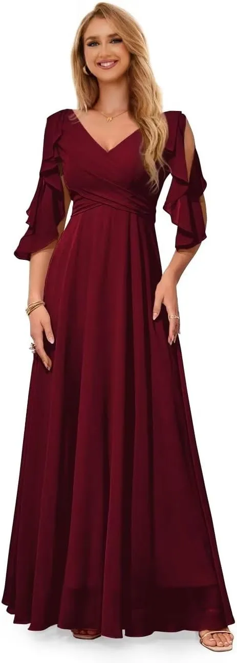 Ruffle Sleeves Bridesmaid Dresses for Women Formal V Neck Chiffon Cold Shoulder Long Evening Party Dress