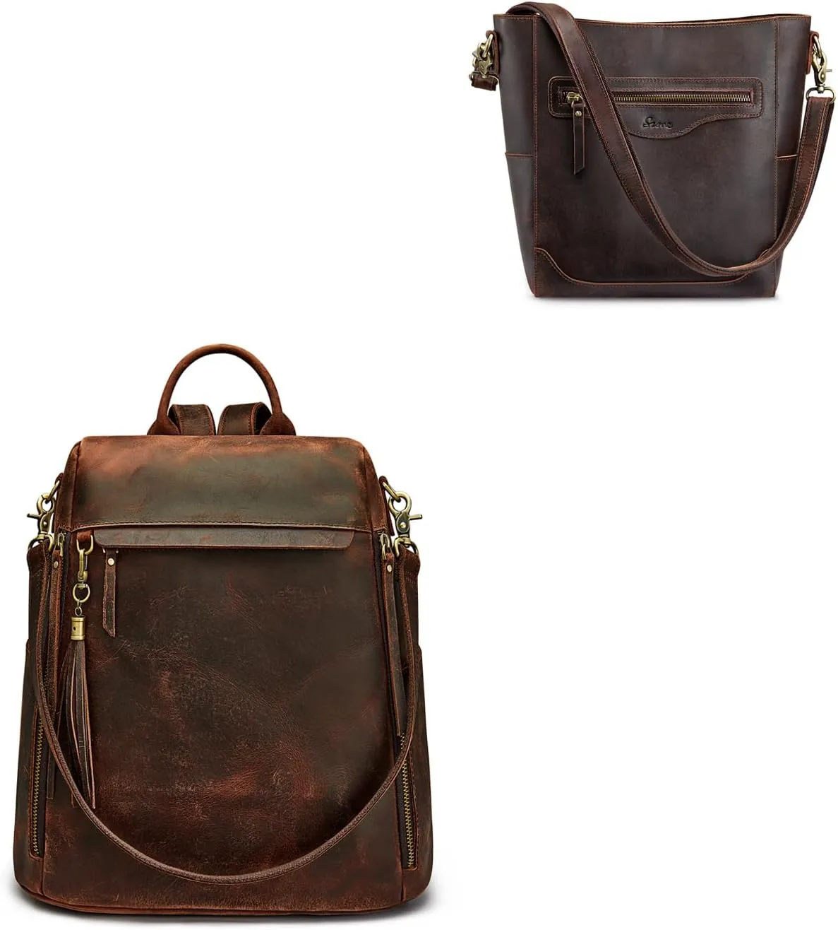 S-ZONE Women Genuine Leather Backpack Purse bundle with Crossbody Bucket Purse