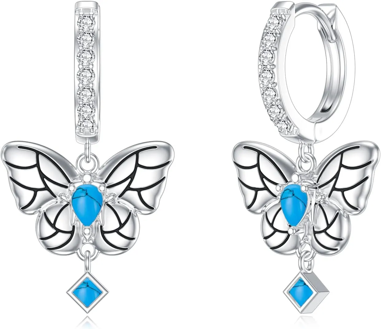 S925 Sterling Silver Butterfly Hoop Earrings - Hypoallergenic Butterfly Dangle Earrings Dainty Butterfly Drop Earrings Turquoise Butterfly Hoop Earrings for Women
