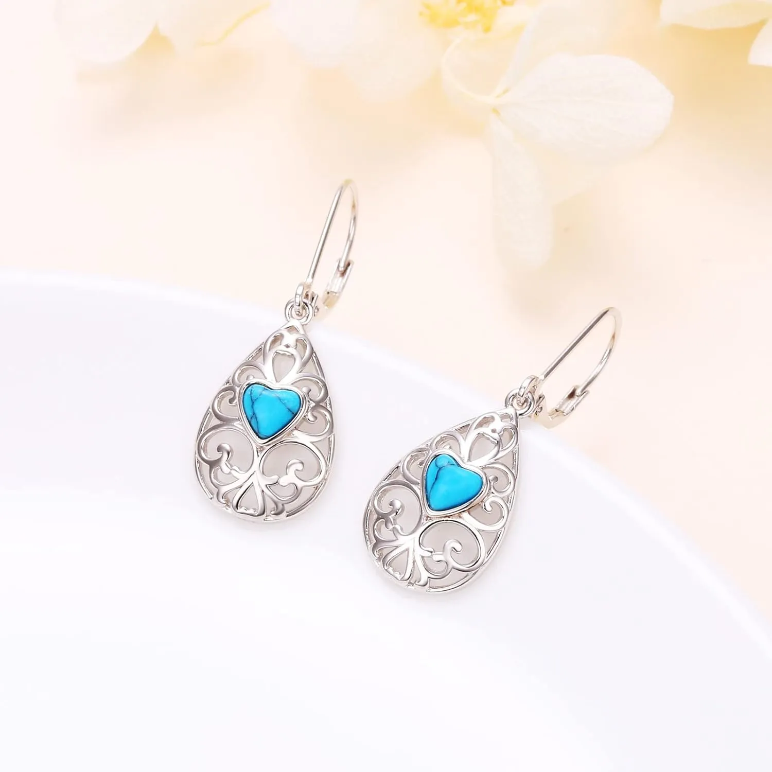 S925 Sterling Silver Heart Drop Dangle Studs Filigree Earrings Jewelry Birthday Gifts for Women Girlfriend