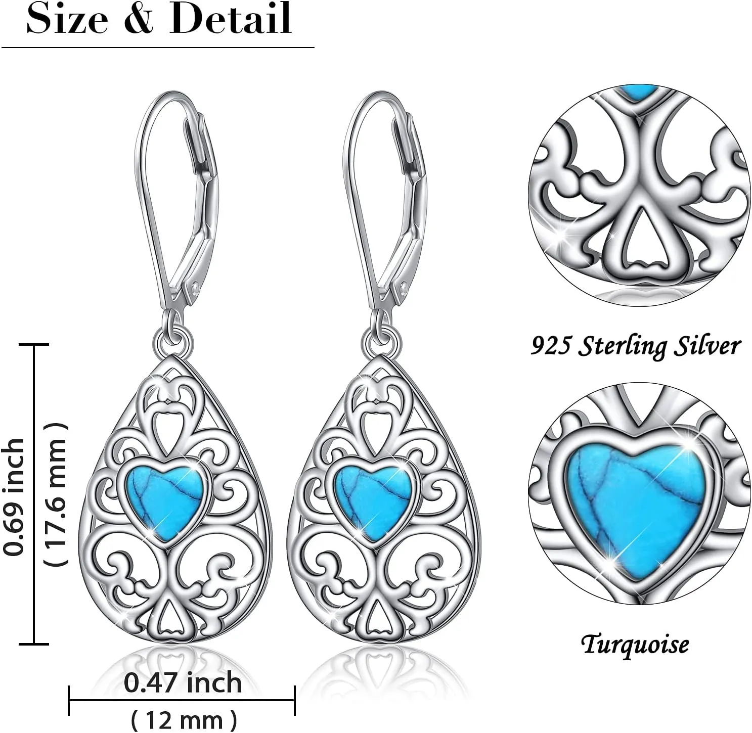 S925 Sterling Silver Heart Drop Dangle Studs Filigree Earrings Jewelry Birthday Gifts for Women Girlfriend