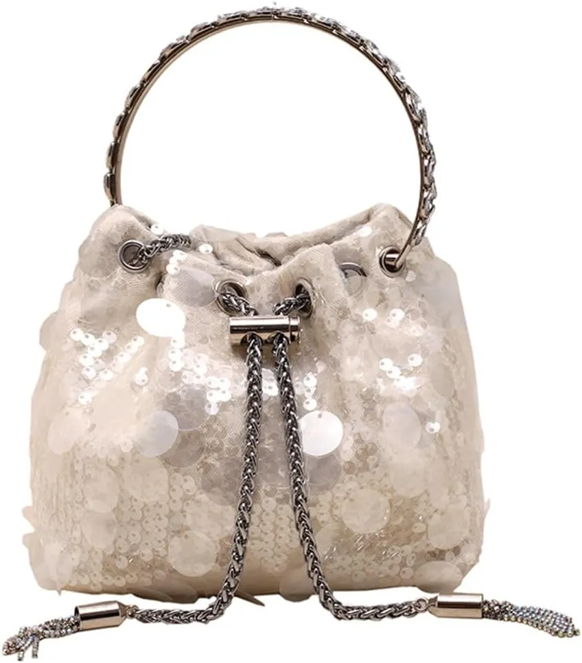 Sequin Bucket Bag for Women Wedding Evening Clutch Purse Glitter Y2K Small Tassel Shoulder Bag Sparkly Party Bags