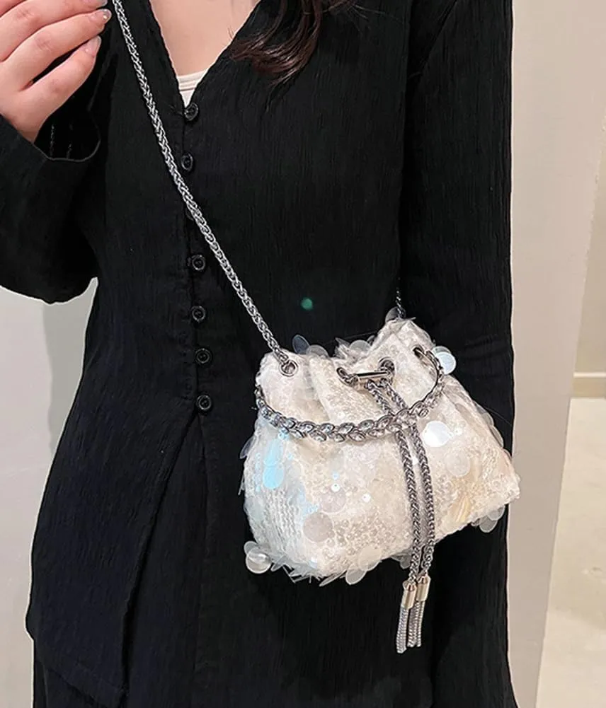 Sequin Bucket Bag for Women Wedding Evening Clutch Purse Glitter Y2K Small Tassel Shoulder Bag Sparkly Party Bags
