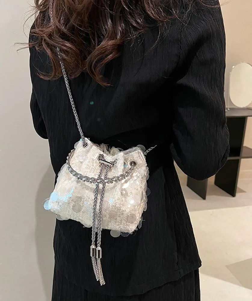 Sequin Bucket Bag for Women Wedding Evening Clutch Purse Glitter Y2K Small Tassel Shoulder Bag Sparkly Party Bags