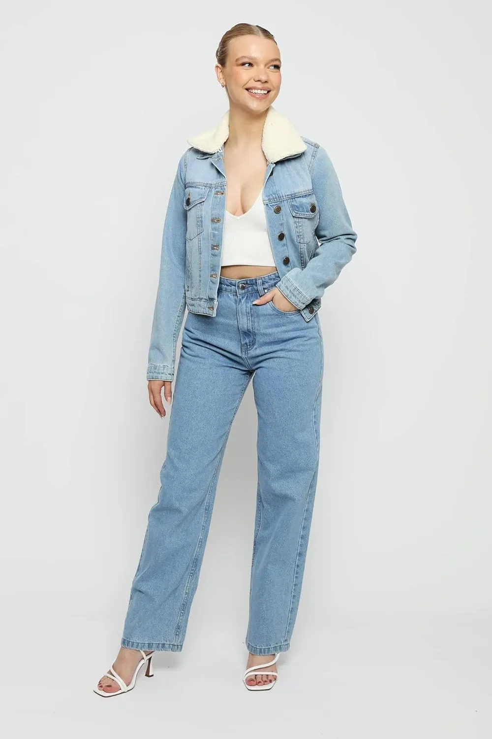 Sherpa Lined Denim Jacket for Women - Removable Collar Trucker Style womens jean jacket - Regular Fit 100% Cotton