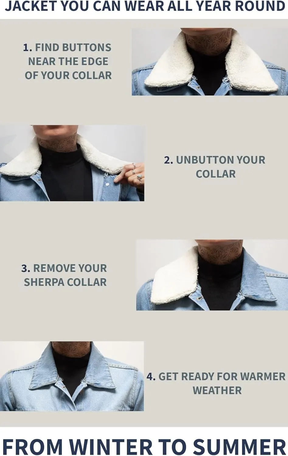 Sherpa Lined Denim Jacket for Women - Removable Collar Trucker Style womens jean jacket - Regular Fit 100% Cotton
