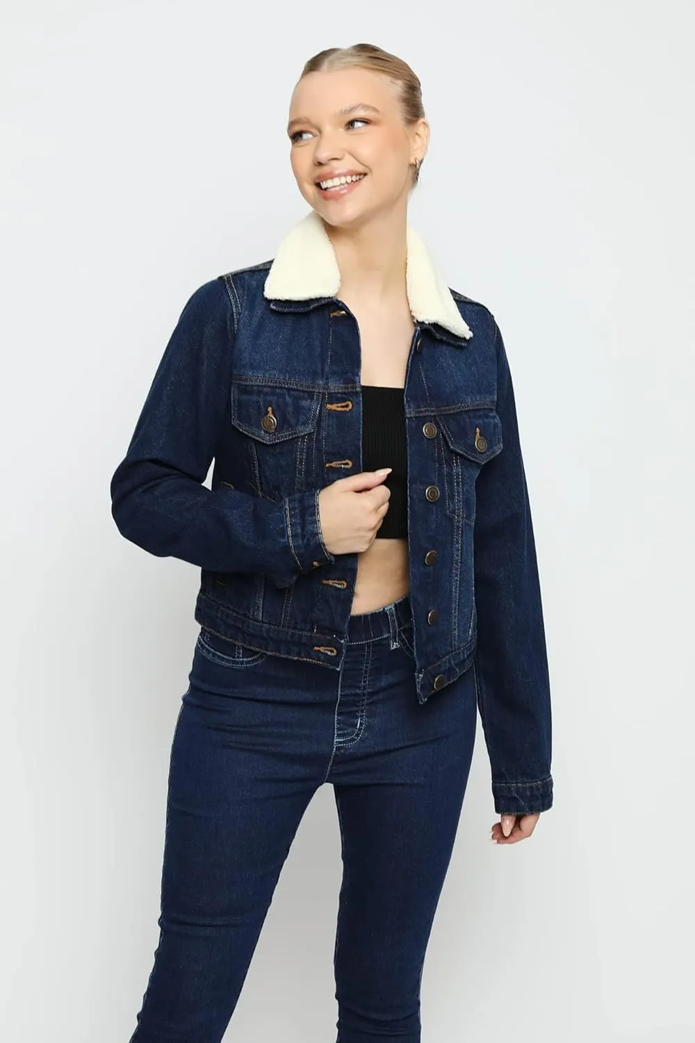 Sherpa Lined Denim Jacket for Women - Removable Collar Trucker Style womens jean jacket - Regular Fit 100% Cotton