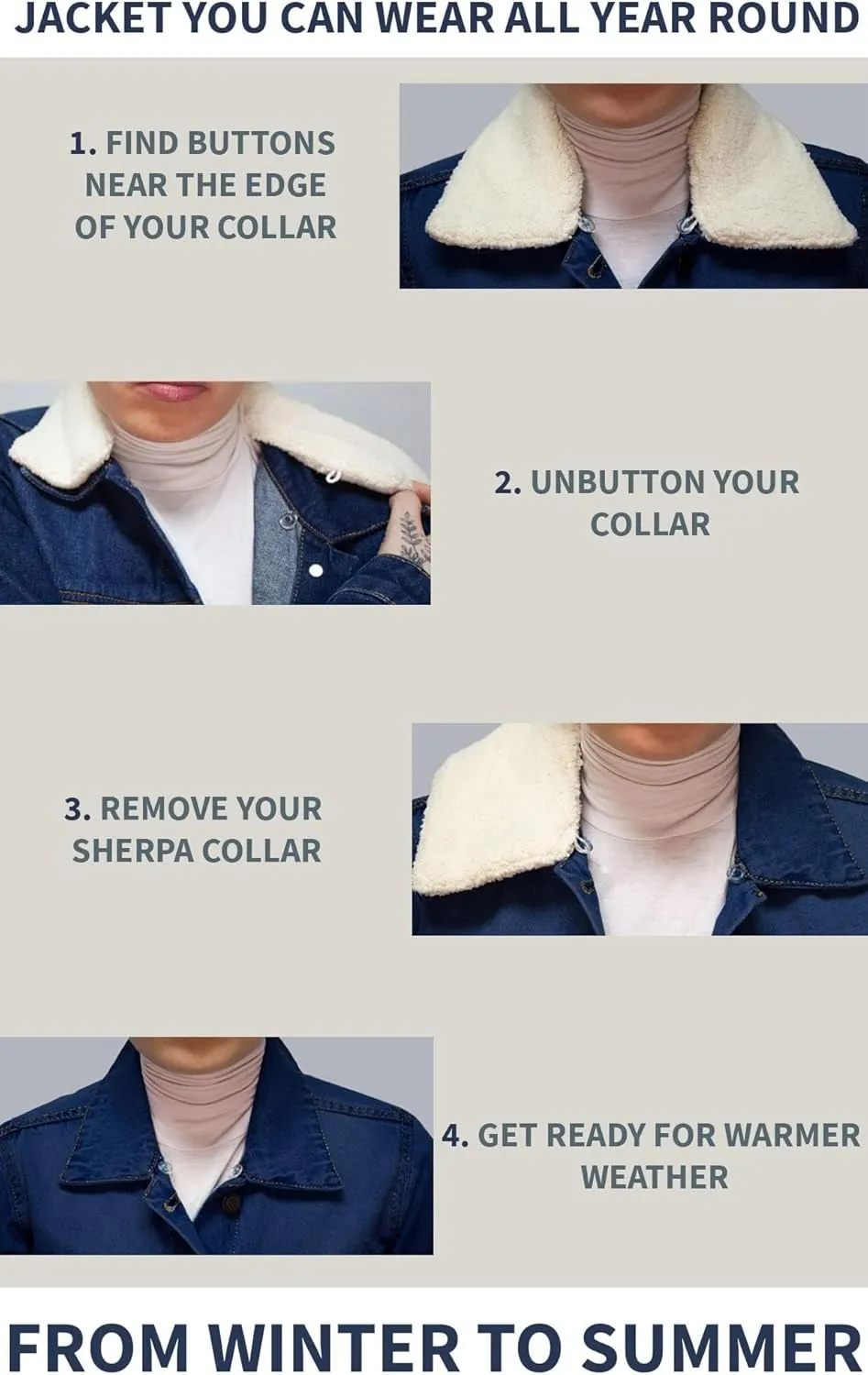 Sherpa Lined Denim Jacket for Women - Removable Collar Trucker Style womens jean jacket - Regular Fit 100% Cotton