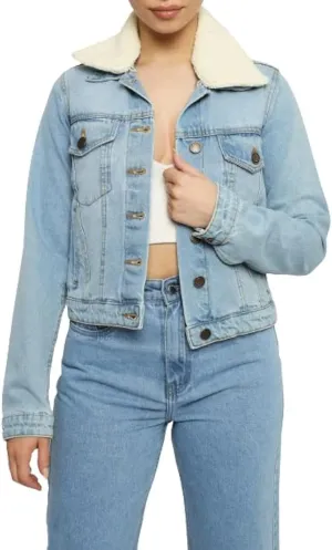 Sherpa Lined Denim Jacket for Women - Removable Collar Trucker Style womens jean jacket - Regular Fit 100% Cotton
