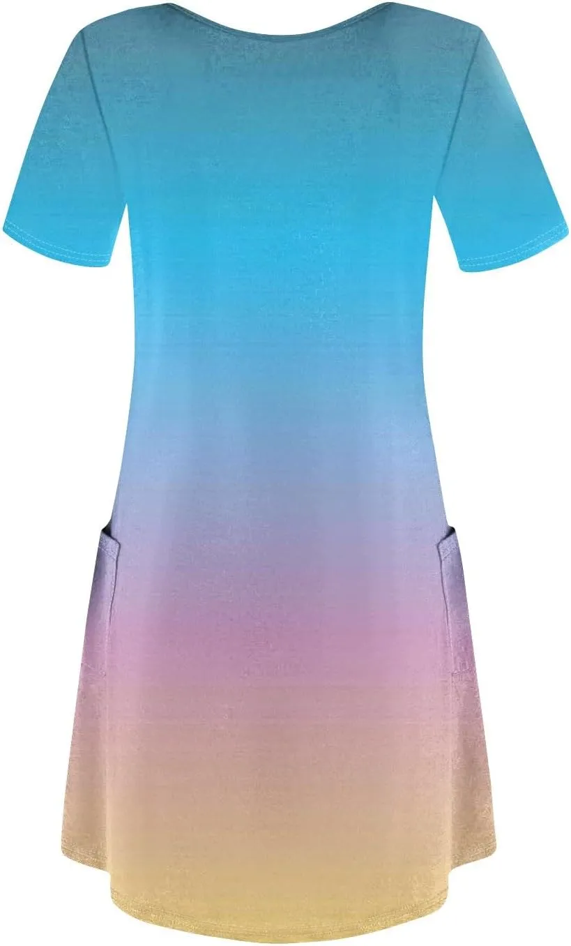 Short Sleeve Dress for Women Casual V Neck Summer Mini Dresses Beach Vacation Loose Flowy Sundress with Pockets