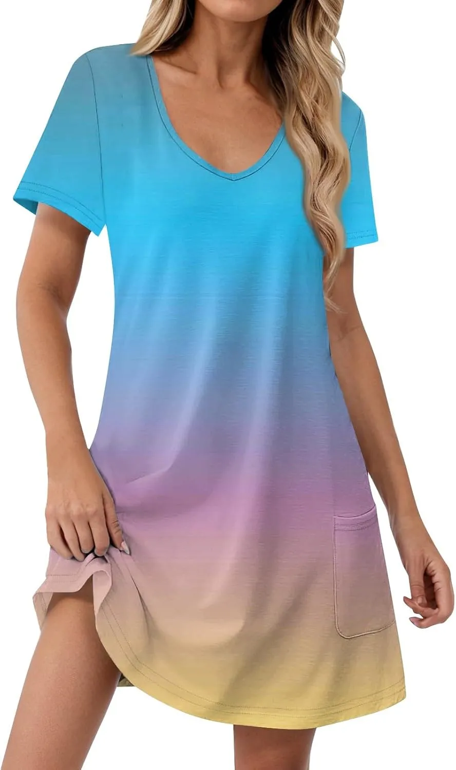 Short Sleeve Dress for Women Casual V Neck Summer Mini Dresses Beach Vacation Loose Flowy Sundress with Pockets
