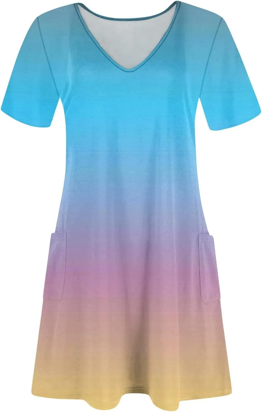 Short Sleeve Dress for Women Casual V Neck Summer Mini Dresses Beach Vacation Loose Flowy Sundress with Pockets