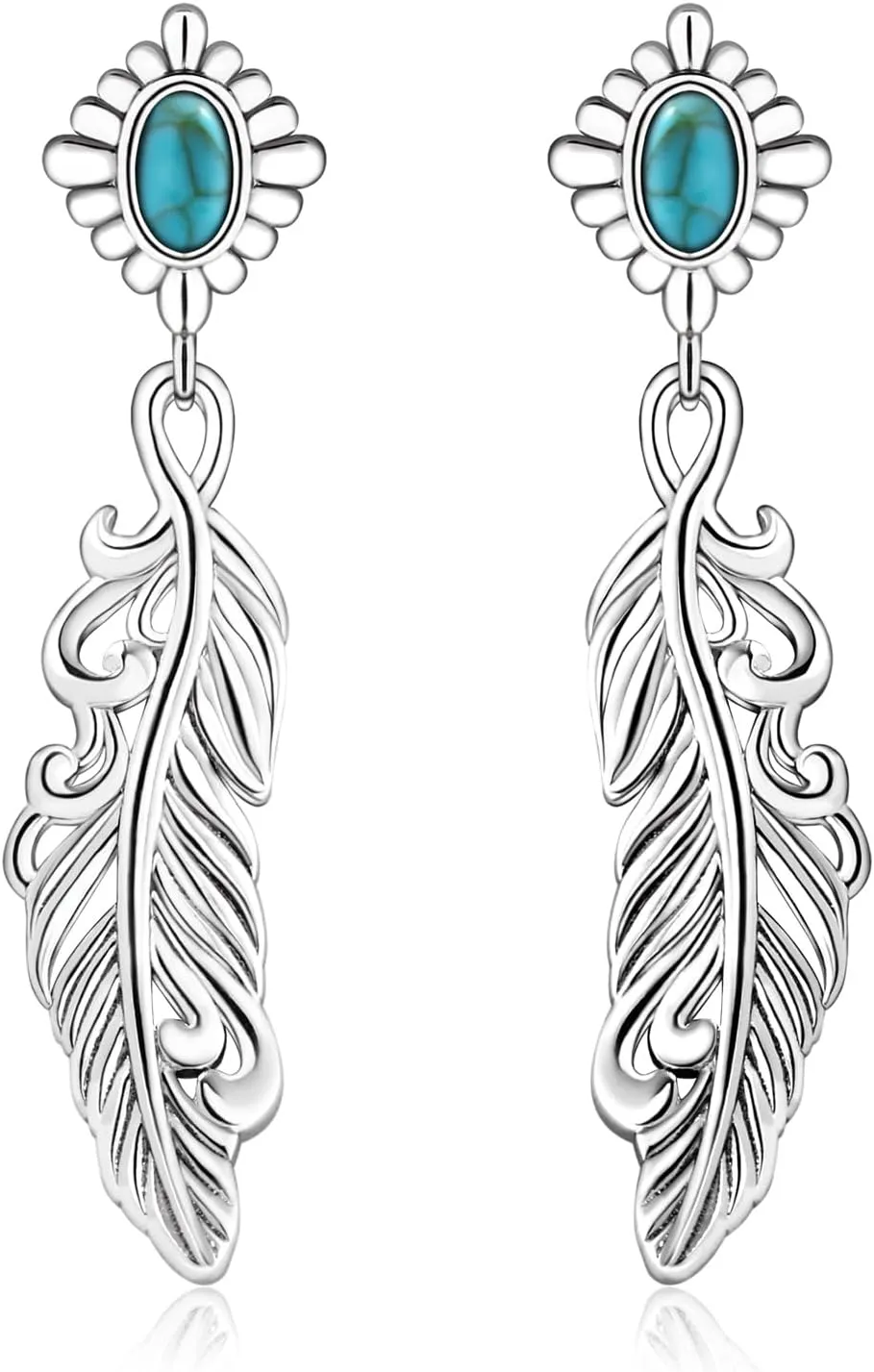 Silver Turquoise Feather Dangle Earrings for Women Hypoallergenic Boho Dangling Feather Earring Jewerly
