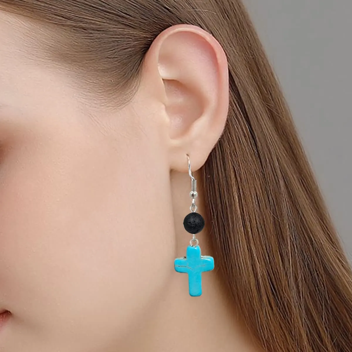 Simple Turquoise Earrings Basic Gemstone and Lava Stone Bead Ball Dangle Earrings For Women Teen (Cross)