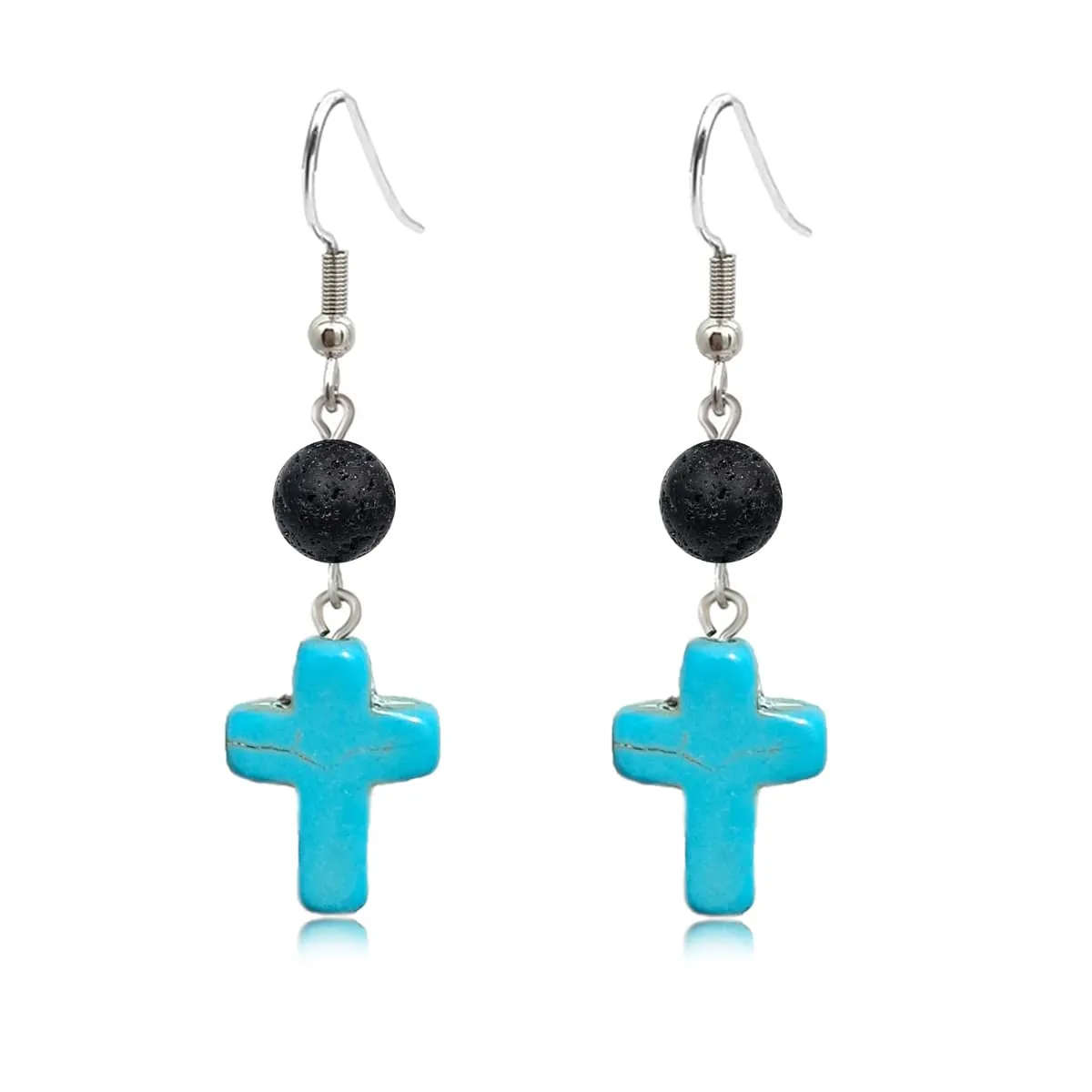 Simple Turquoise Earrings Basic Gemstone and Lava Stone Bead Ball Dangle Earrings For Women Teen (Cross)