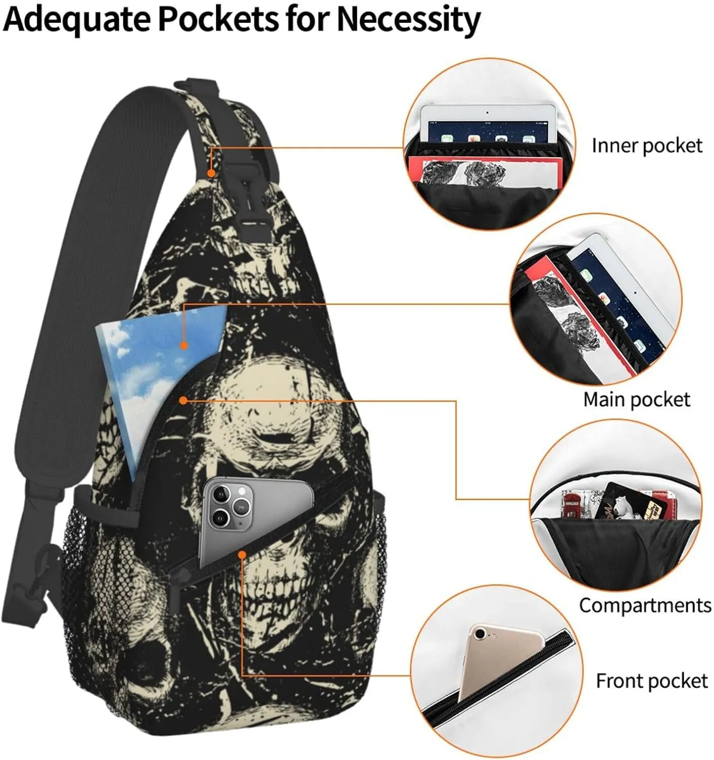 Skull Sling Backpack Chest Bag Crossbody Shoulder Bag Gym Cycling Travel Hiking Daypack For Men Women